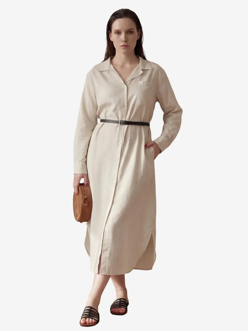 MY FASHION Linen Blend Midi Dress with Button Closure and Pocket
